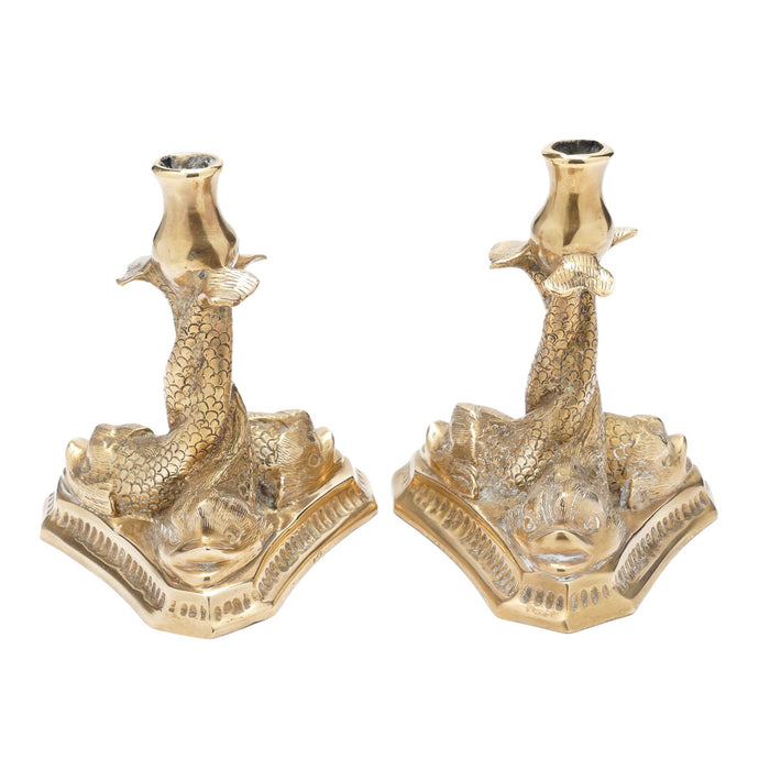 Pair of Italian brass candlesticks with three entwined fish (c. 1880-1900)