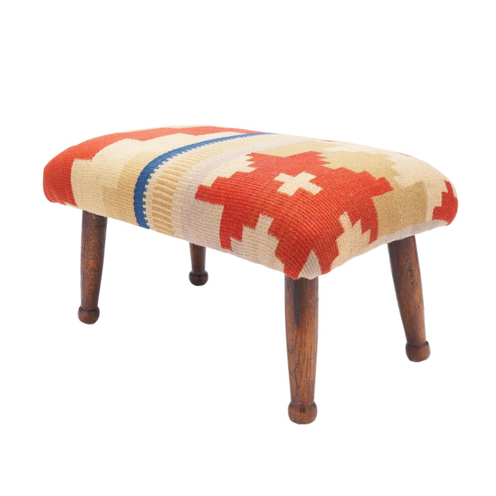 English upholstered footstool on turned oak legs (c. 1850-1900)