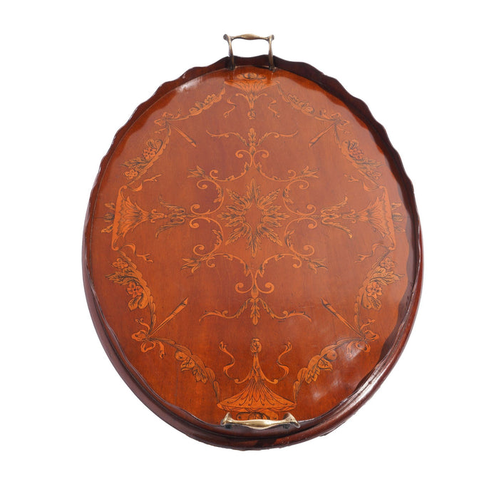 English mahogany oval inlaid serving tray with scalloped gallery (c. 1800's)