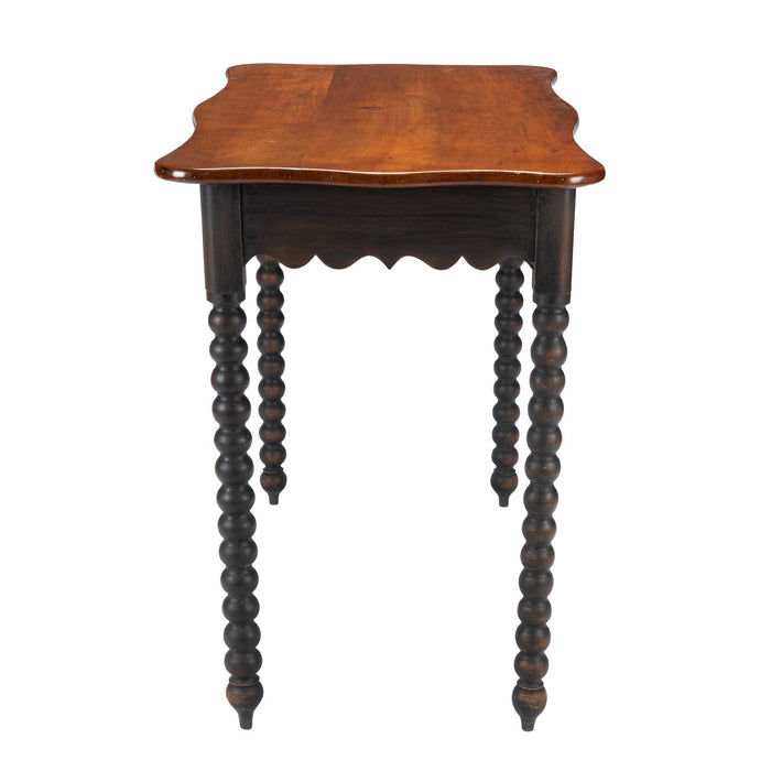 American cherry wood work table with scalloped apron and spool turned legs (1835)