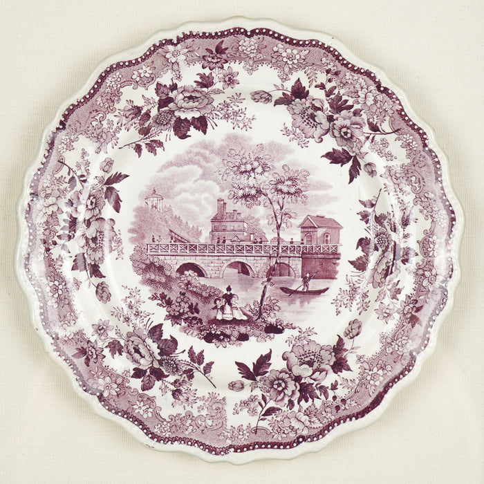 Pair of framed English mulberry transfer tea plates with two views of Philadelphia (c. 1835)