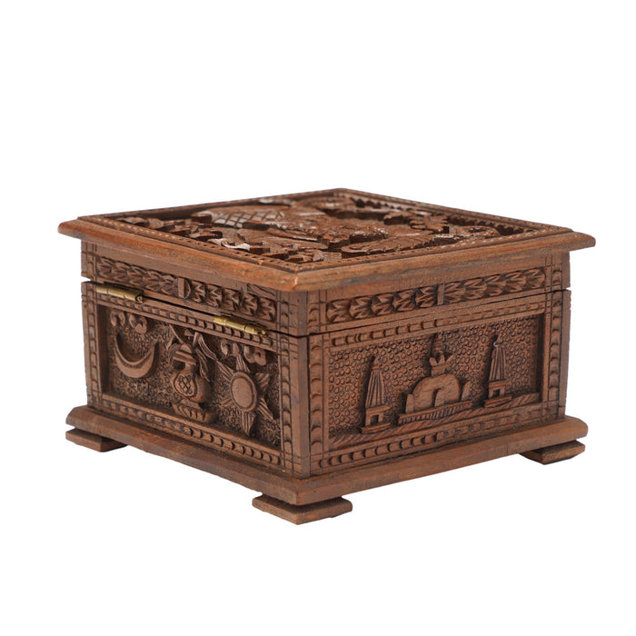 Hand carved Nepalese wood box with hinged lid (c. 1900-50)