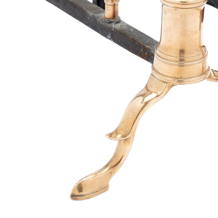 Pair of Philadelphia bell metal andirons with paired fire tools (c. 1790)