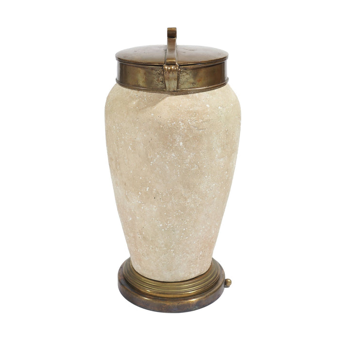 Tall ceramic jar with oxidized brass lid and base (c. 1900's)