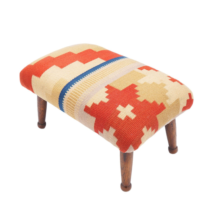 English upholstered footstool on turned oak legs (c. 1850-1900)