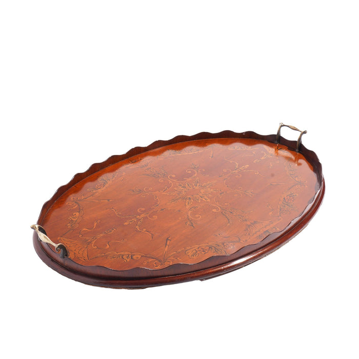 English mahogany oval inlaid serving tray with scalloped gallery (c. 1800's)