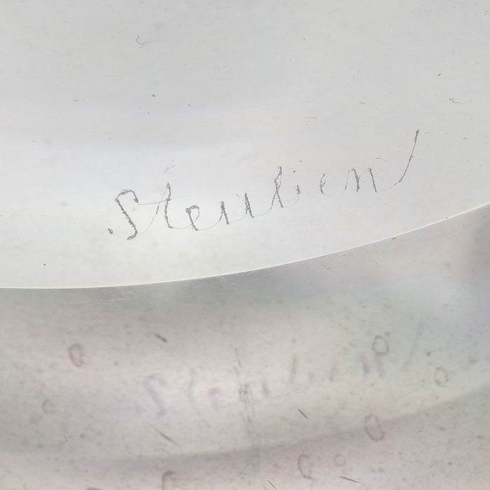 Shallow blown glass center bowl with inverted scroll rim by Steuben (c. 1939)