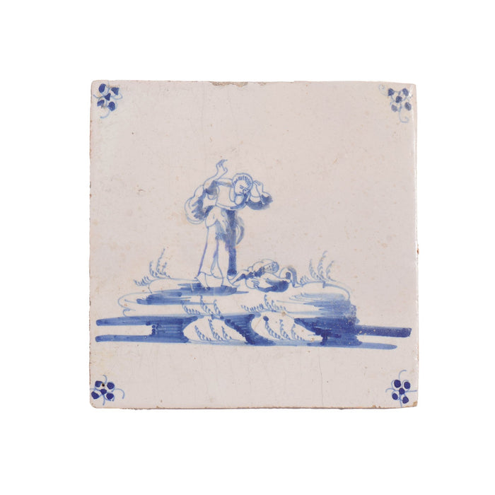 Set of 6 Delft cobalt blue figural faience tiles (c. 1650)