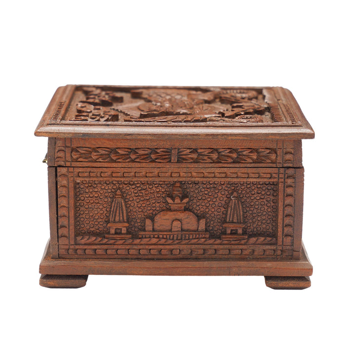 Hand carved Nepalese wood box with hinged lid (c. 1900-50)