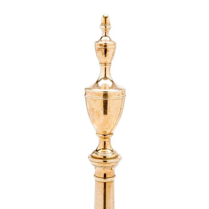 Pair of Philadelphia bell metal andirons with paired fire tools (c. 1790)