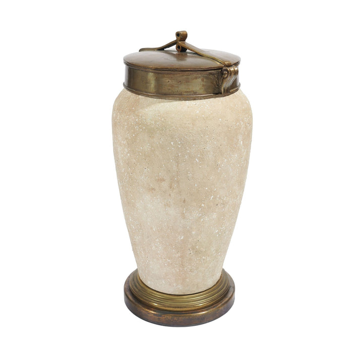 Tall ceramic jar with oxidized brass lid and base (c. 1900's)