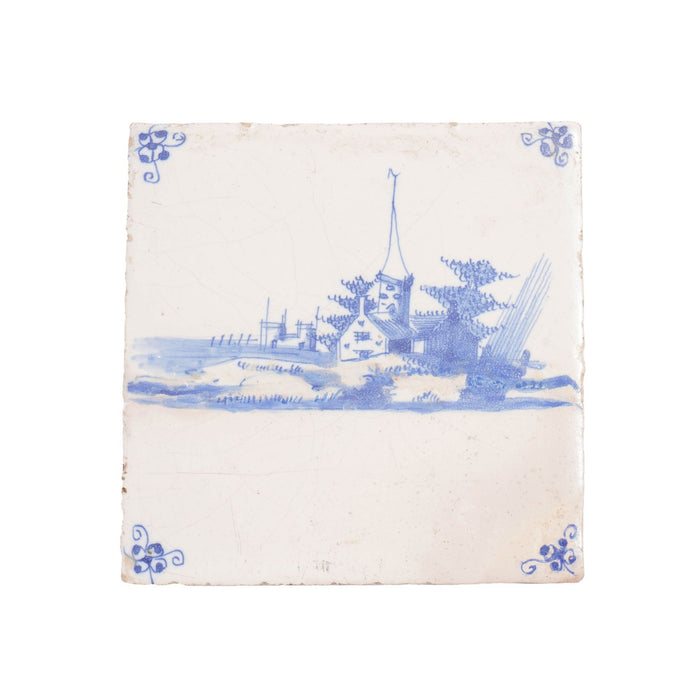 Set of 3 Delft faience tiles with architectural landscapes (c. 1700)