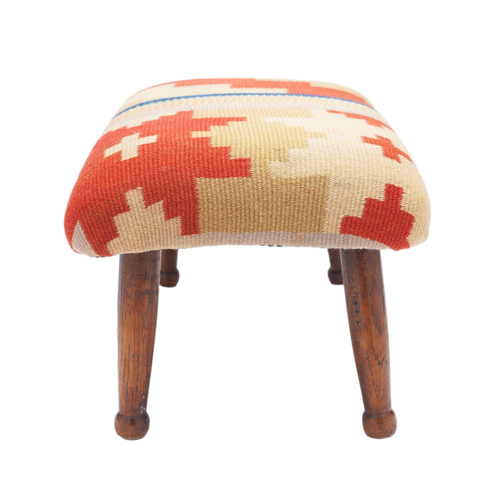 English upholstered footstool on turned oak legs (c. 1850-1900)