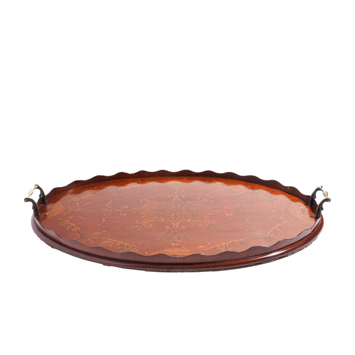 English mahogany oval inlaid serving tray with scalloped gallery (c. 1800's)