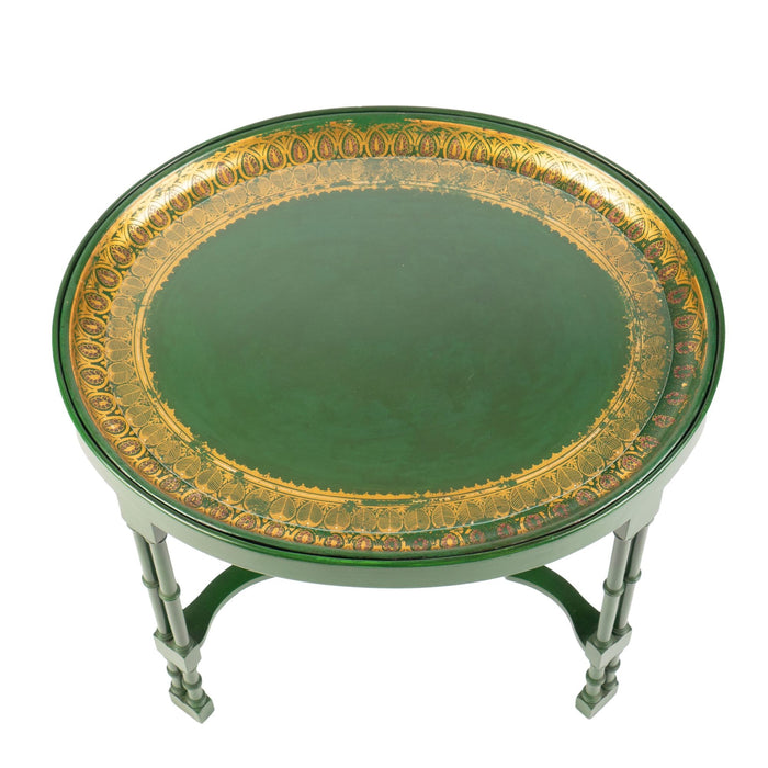 English oval green tole tray table on custom bamboo turned stand (1860)