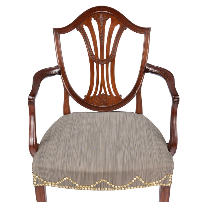 Pair of English Sheraton mahogany shield back armchairs (1790)
