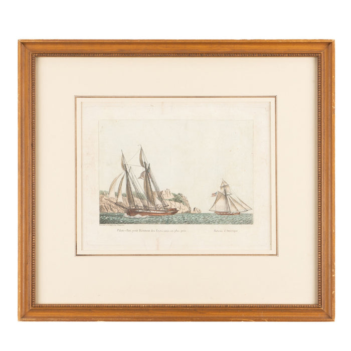 Pair of colored engravings of American ships under sail by Jean-Jerome Baugean (c. 1840)