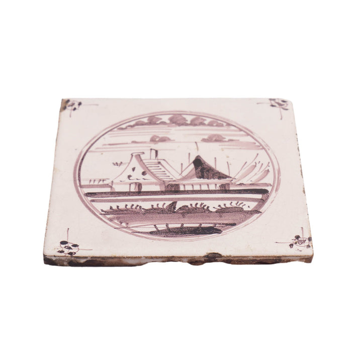 Set of 5 mulberry landscape Delft faience tiles (c. 1680-1720)