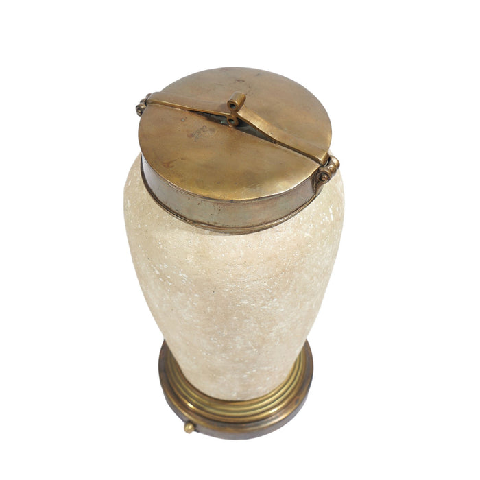 Tall ceramic jar with oxidized brass lid and base (c. 1900's)