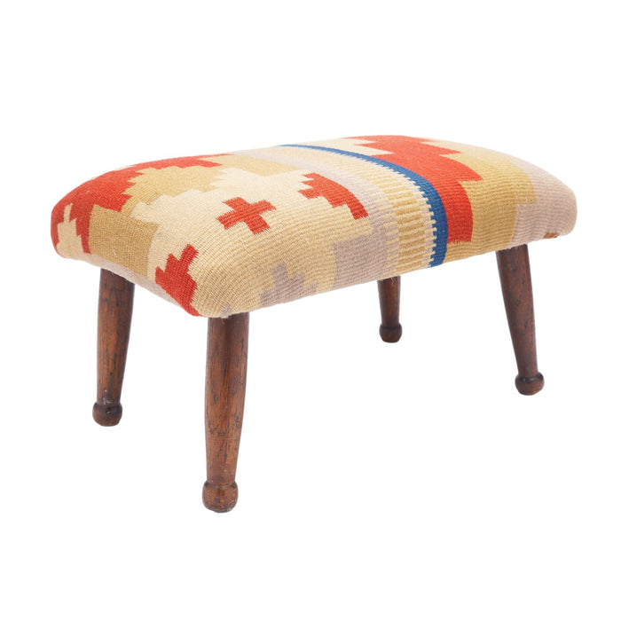 English upholstered footstool on turned oak legs (c. 1850-1900)