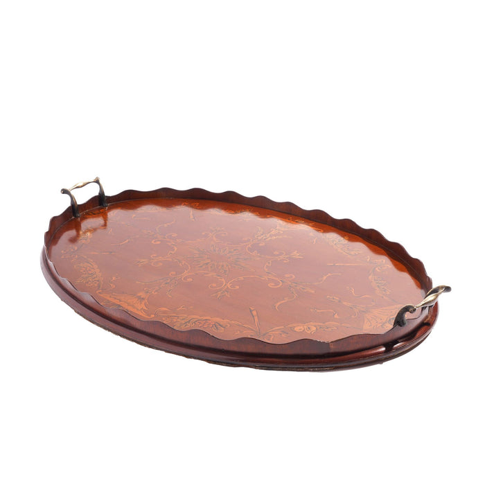 English mahogany oval inlaid serving tray with scalloped gallery (c. 1800's)