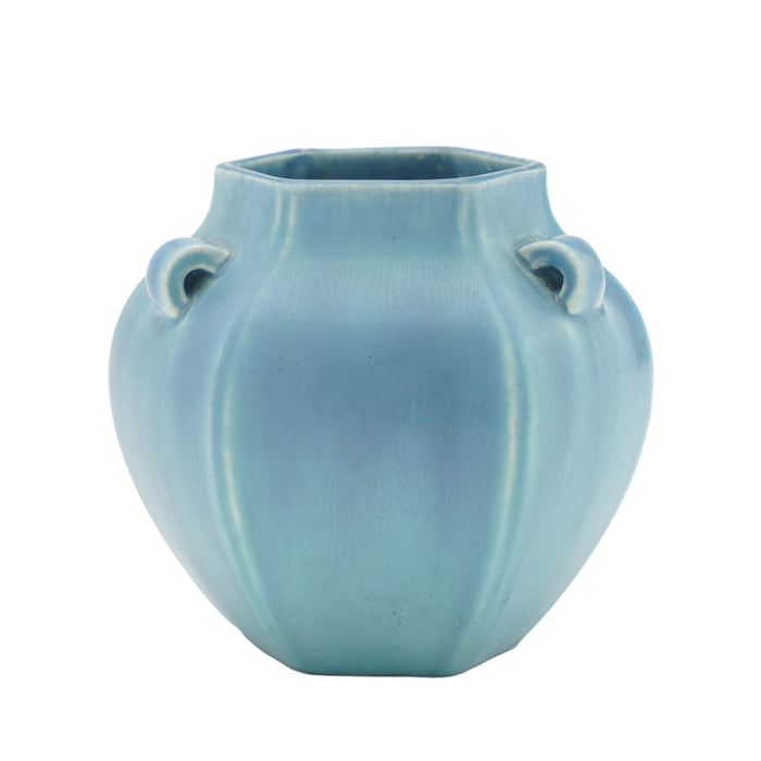 Rookwood hexagonal ceramic vase in a light blue matte glaze (1925)