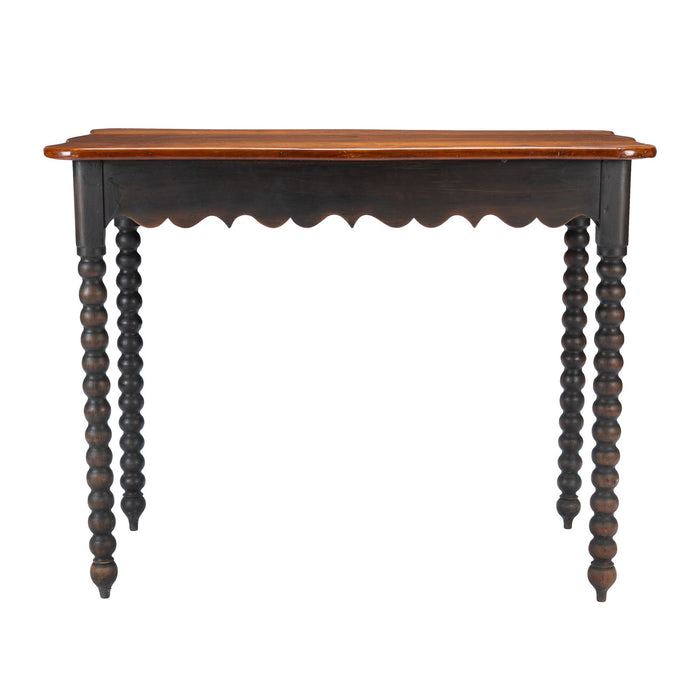 American cherry wood work table with scalloped apron and spool turned legs (1835)