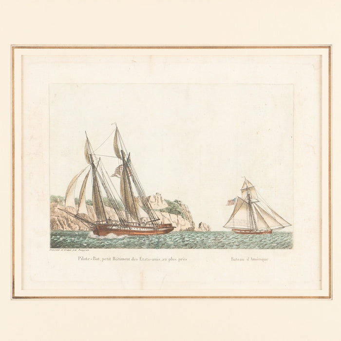 Pair of colored engravings of American ships under sail by Jean-Jerome Baugean (c. 1840)