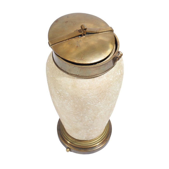 Tall ceramic jar with oxidized brass lid and base (c. 1900's)