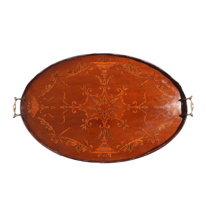 English mahogany oval inlaid serving tray with scalloped gallery (c. 1800's)