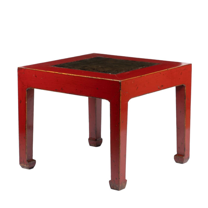 Chinese red lacquered square table fitted with inset stone top