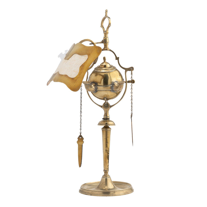 Italian cast brass two burner Lucerne oil lamp with deflector (c. 1800)