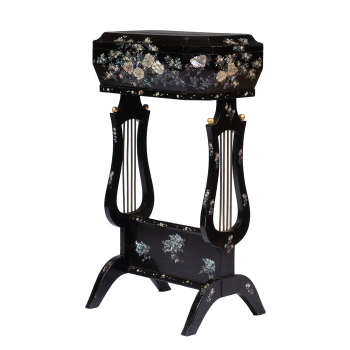 Japanese black lacquered lyre base sewing box on stand with abalone and Mother-of Pearl inlays (1880)