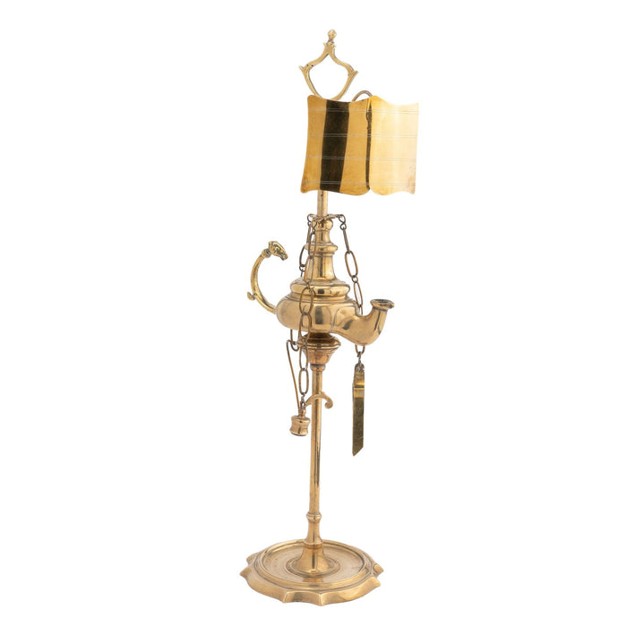 Italian cast brass single spout oil lamp with deflector (c. 1790)