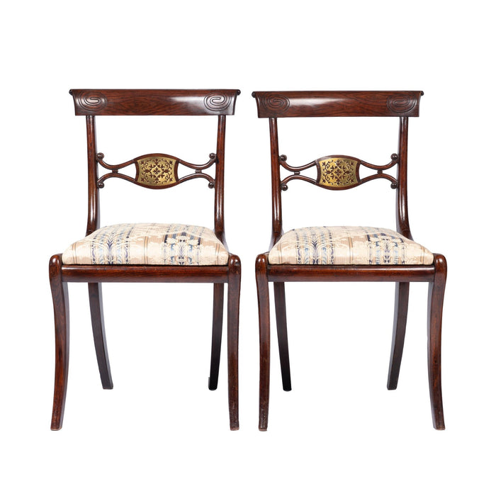 Pair of English Regency upholstered slip seat side chairs (1815)
