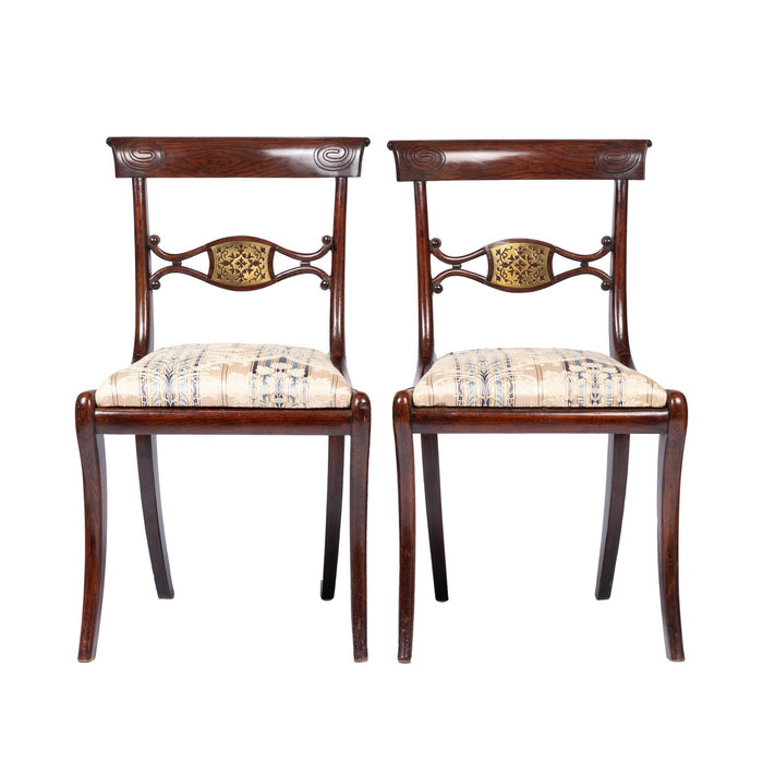 Pair of English Regency upholstered slip seat side chairs (c. 1815)