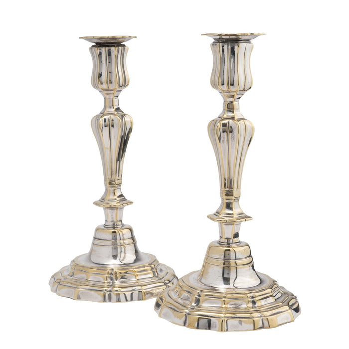Pair of French silvered brass candlesticks (1720)