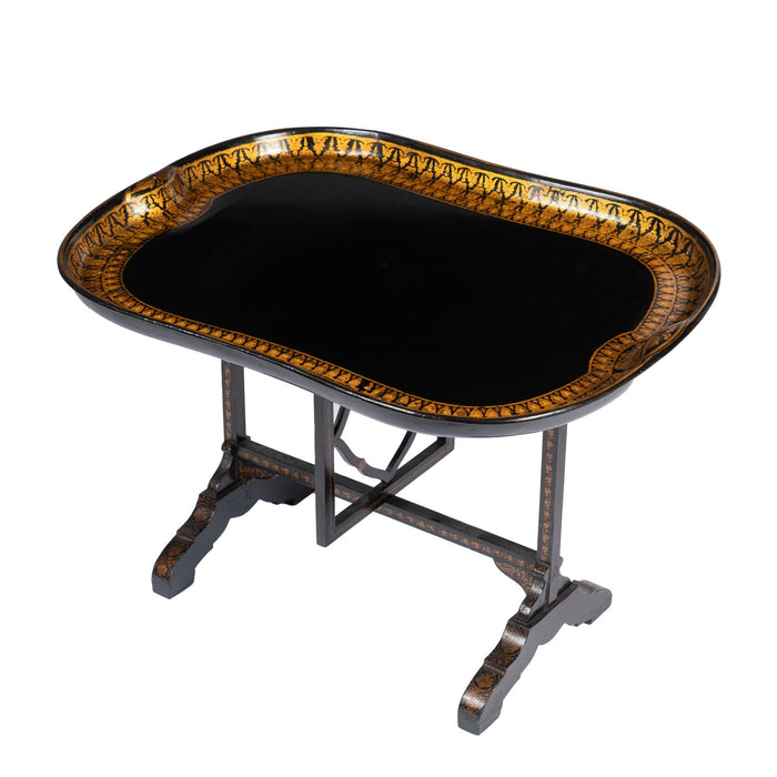 Jennings & Bettridge attributed papier mache tray on hinged tilt top stand (1830)