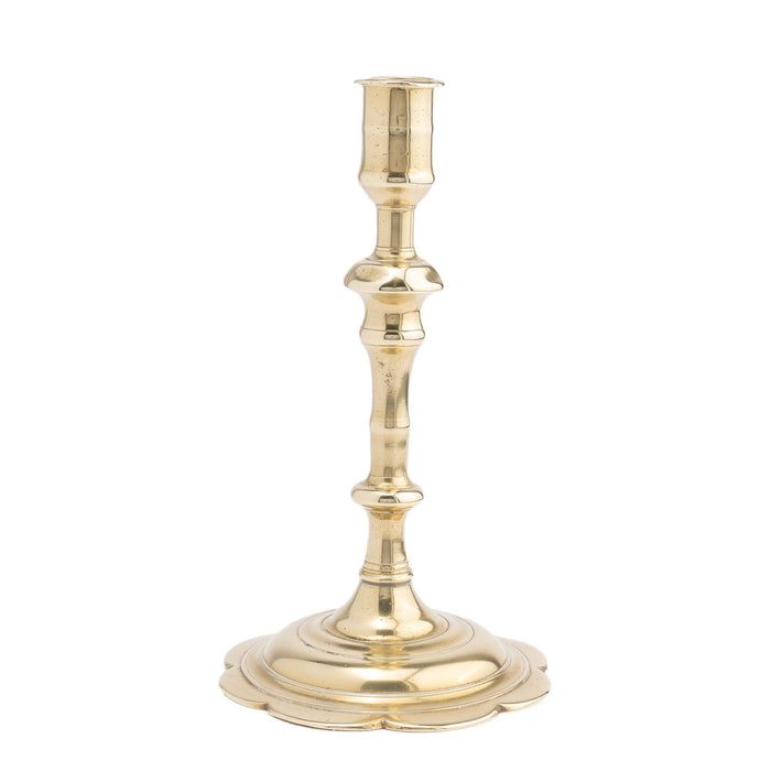 English cast brass Queen Anne baluster shaft candlestick with candle cup (1760-70)