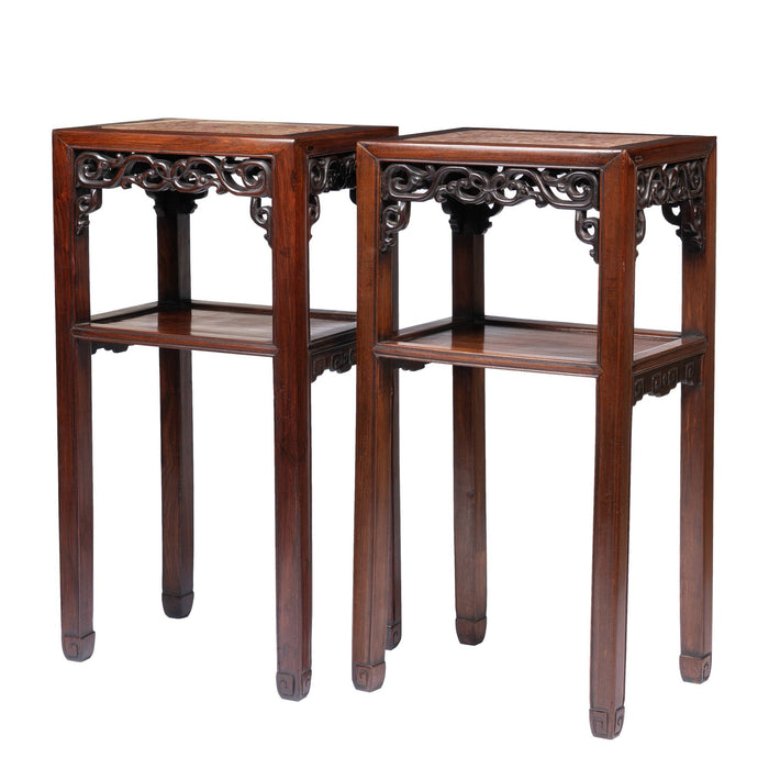 Pair of Chinese rosewood tea tables with marble tops (1850-1900)