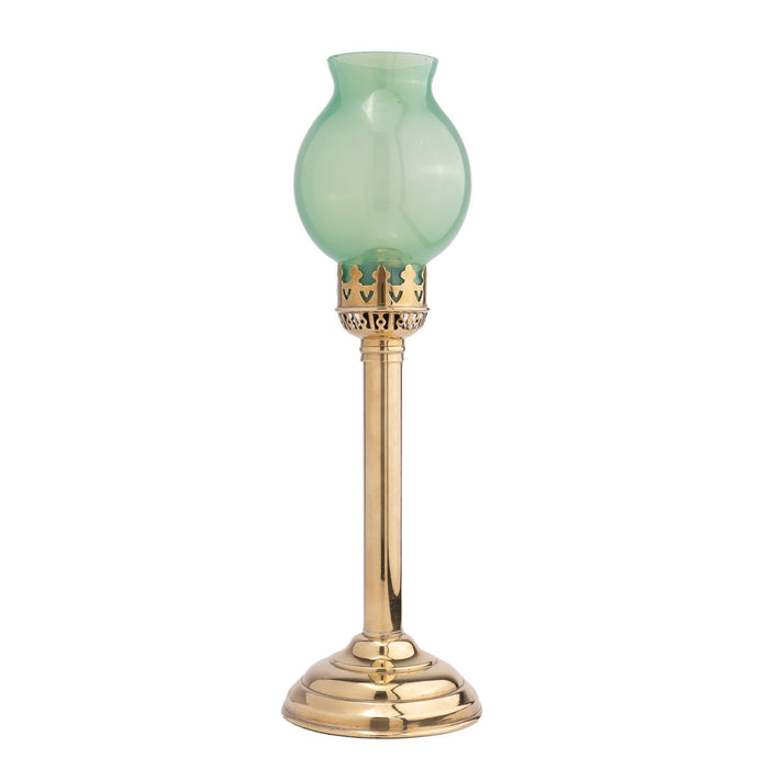 French stamped brass & glass spring hurricane lamp (c. 1875-1900)