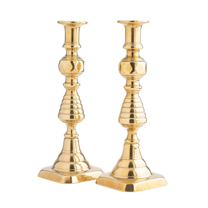 Pair of English cast brass beehive candlesticks, 1830