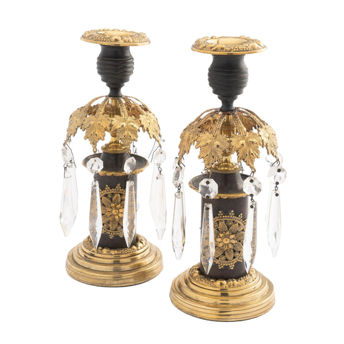 English Regency candlesticks with luster ring & cut glass lusters (1800)