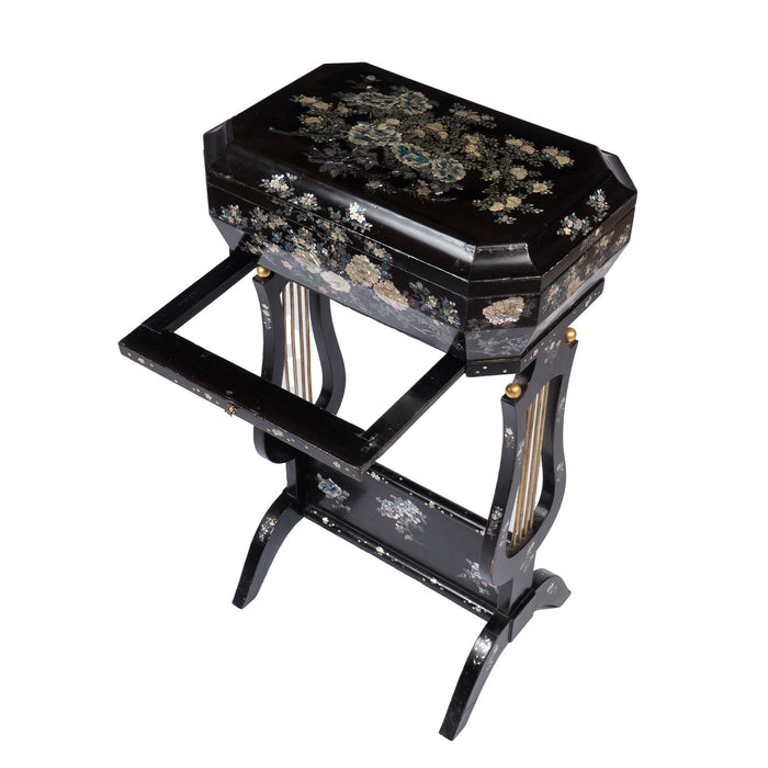 Japanese black lacquered lyre base sewing box on stand with abalone and Mother-of Pearl inlays (1880)