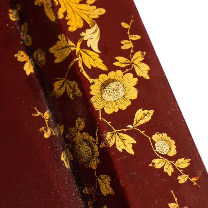 English gilt decorated burgundy paper mache tea tray on custom stand (1830)