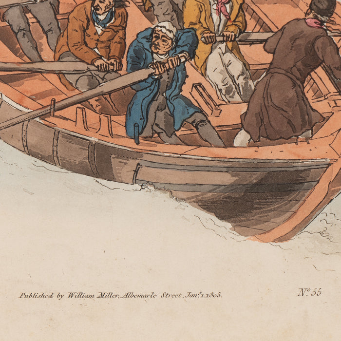 Hand colored engraving on paper of sailors in a long boat by William Miller (1805)