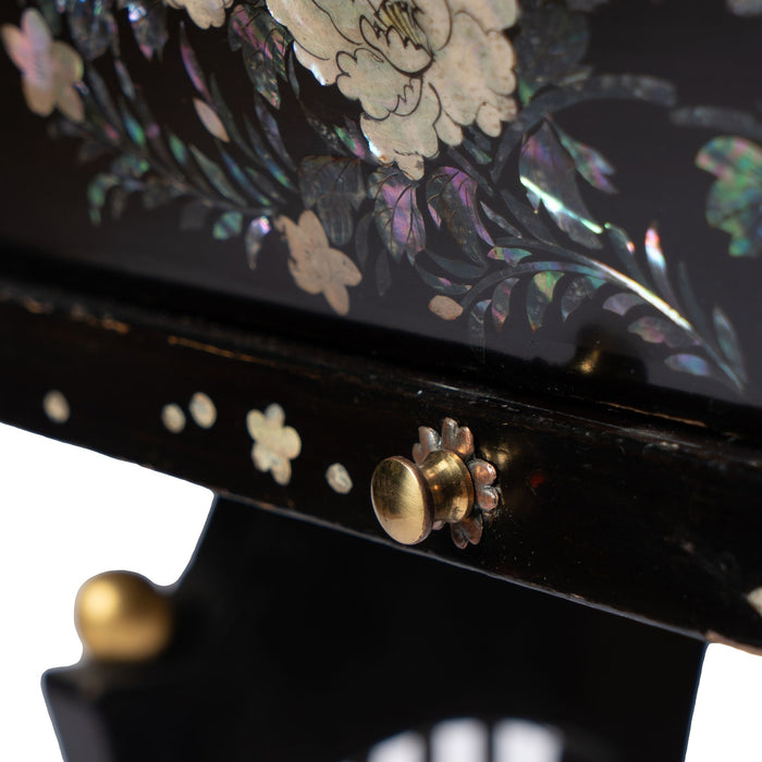 Japanese black lacquered lyre base sewing box on stand with abalone and Mother-of Pearl inlays (1880)