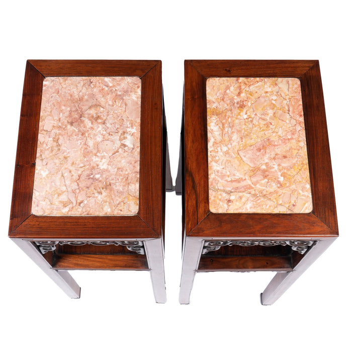 Pair of Chinese rosewood tea tables with marble tops (1850-1900)