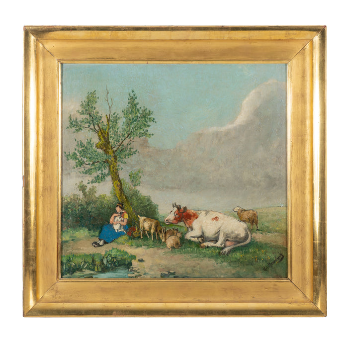 Dutch oil on canvas farm scene (c. 1890-1910)