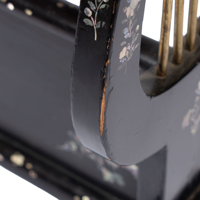 Japanese black lacquered lyre base sewing box on stand with abalone and Mother-of Pearl inlays (1880)